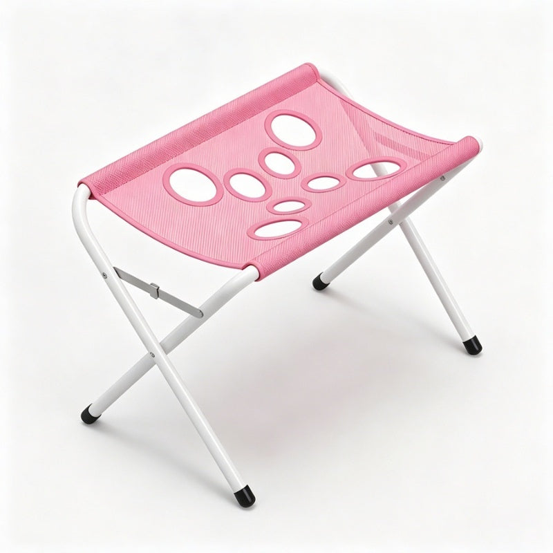 Pink folding mesh bath hammock stand for pets, side angle view