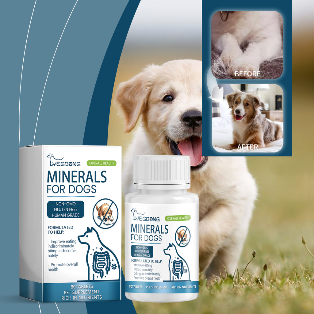Before and after photos of a golden retriever puppy beside the mineral supplement packaging