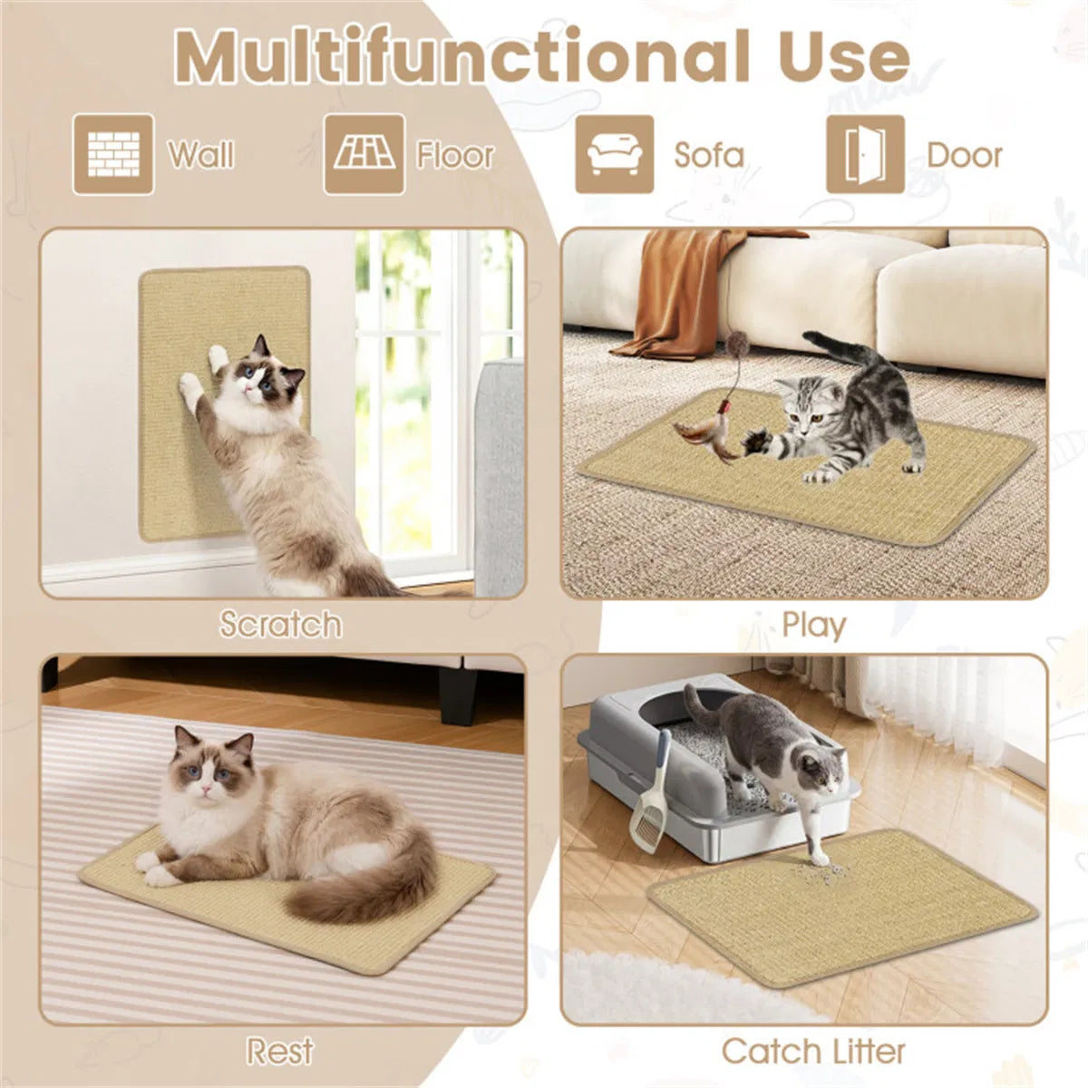 Multifunctional Use infographic showing the mat used on a wall, floor, sofa, and door