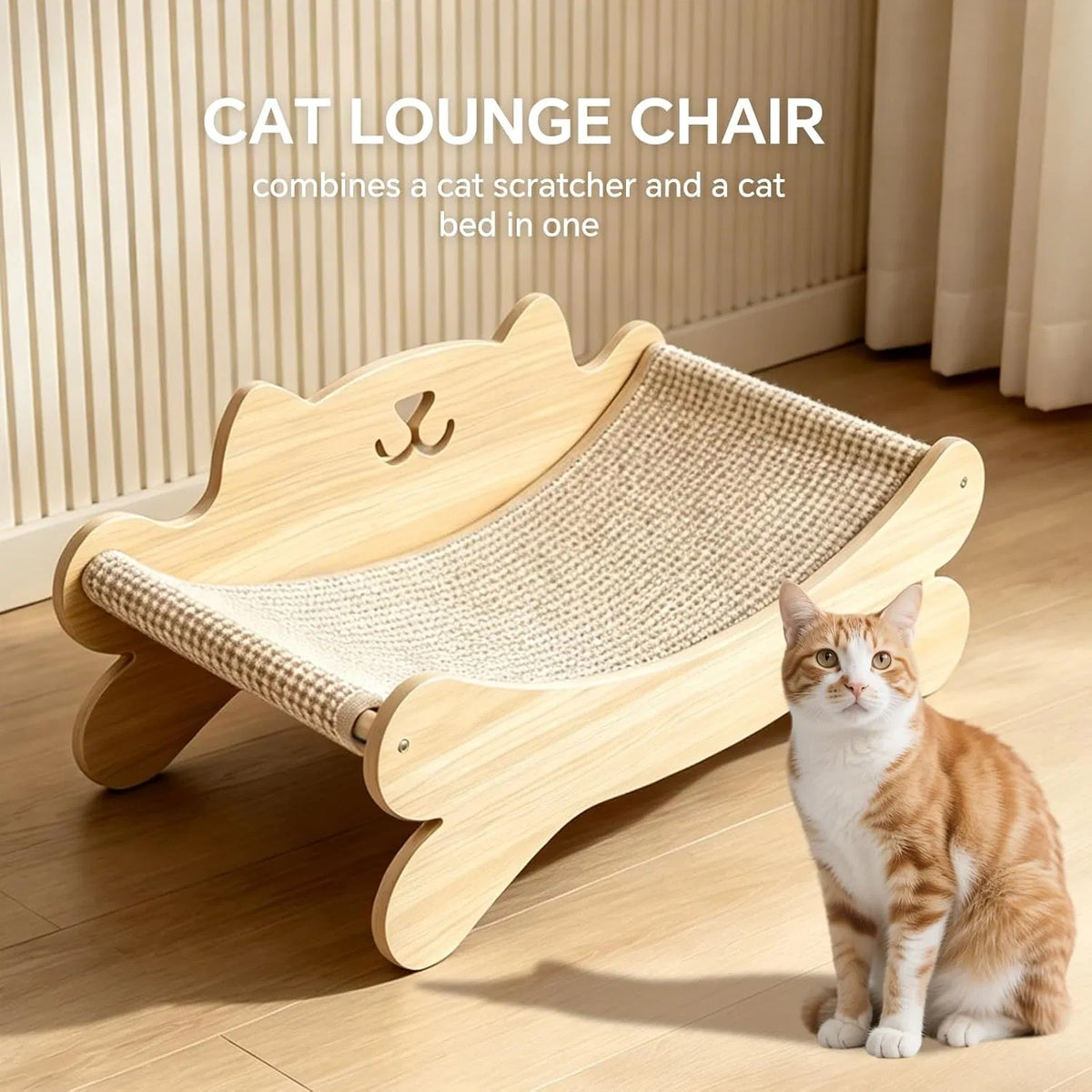 Orange tabby cat sitting beside the empty wooden cat scratcher lounge chair