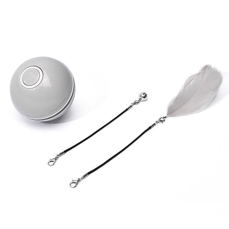 Grey LED ball toy attached to a feather wand with bell and clip
