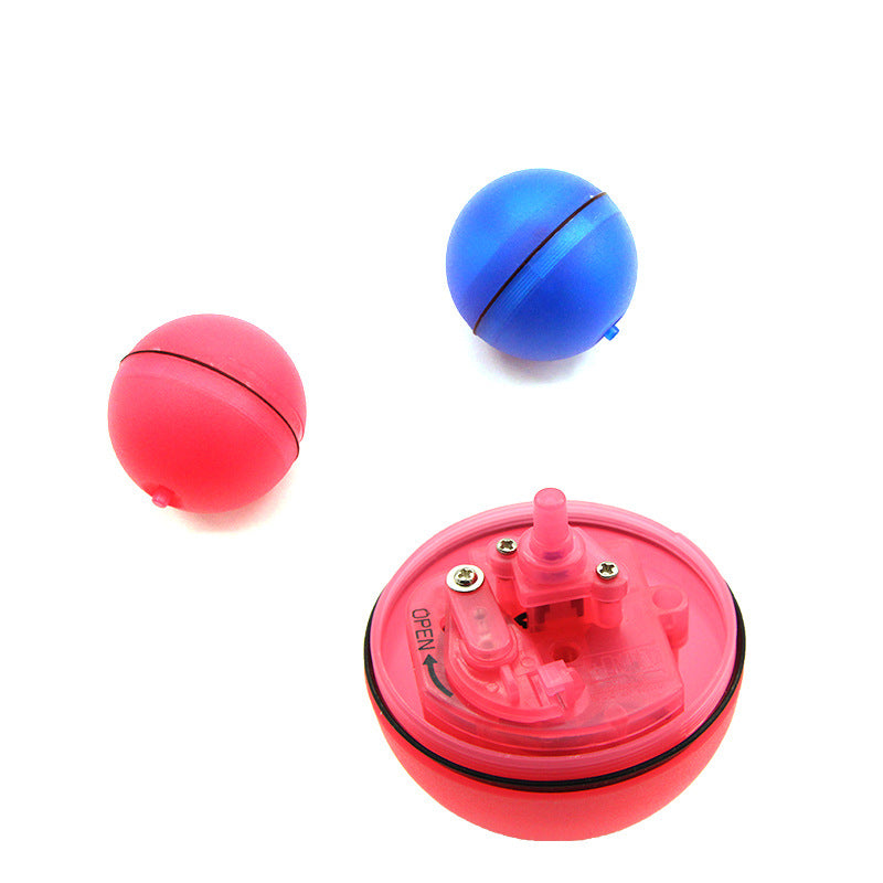 Red and blue LED ball toys shown beside the disassembled internal spinning mechanism