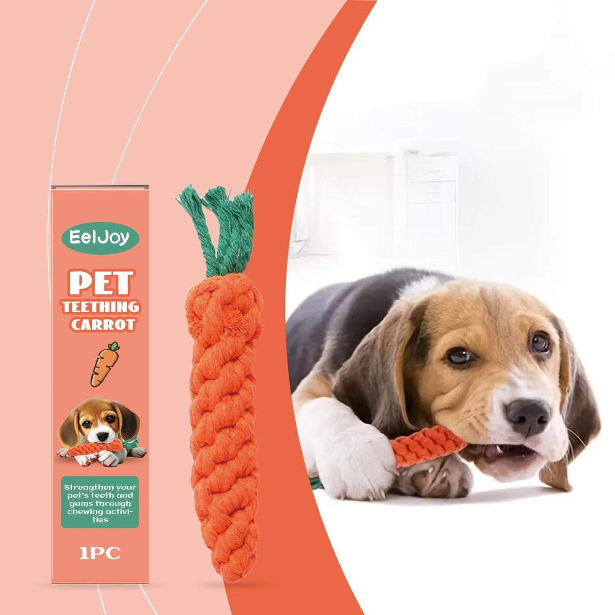 Beagle chewing the carrot-shaped pet toy next to its retail box