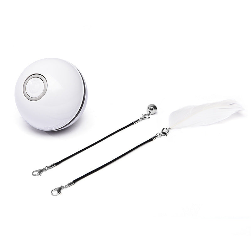 White LED ball toy attached to a feather wand with bell and clip