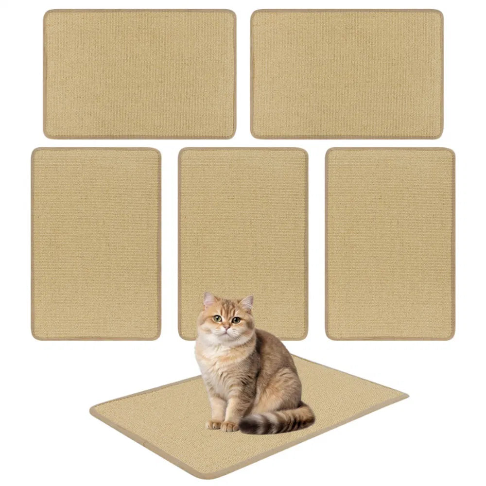 Six sisal scratching mats laid out with a cat sitting on the floor mat, alternate angle
