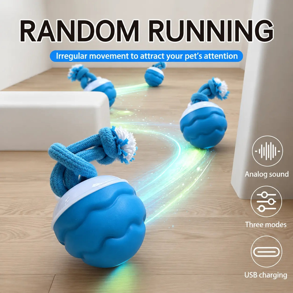 Blue LED dog ball toy showing its random rolling movement trail with sound and charging icons