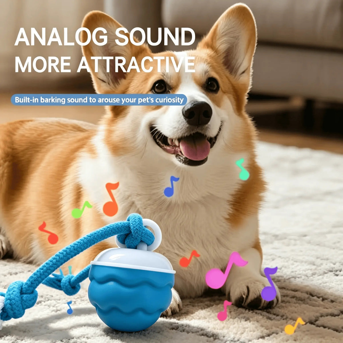 Corgi playing with the blue LED ball toy, with music notes showing its barking sound feature