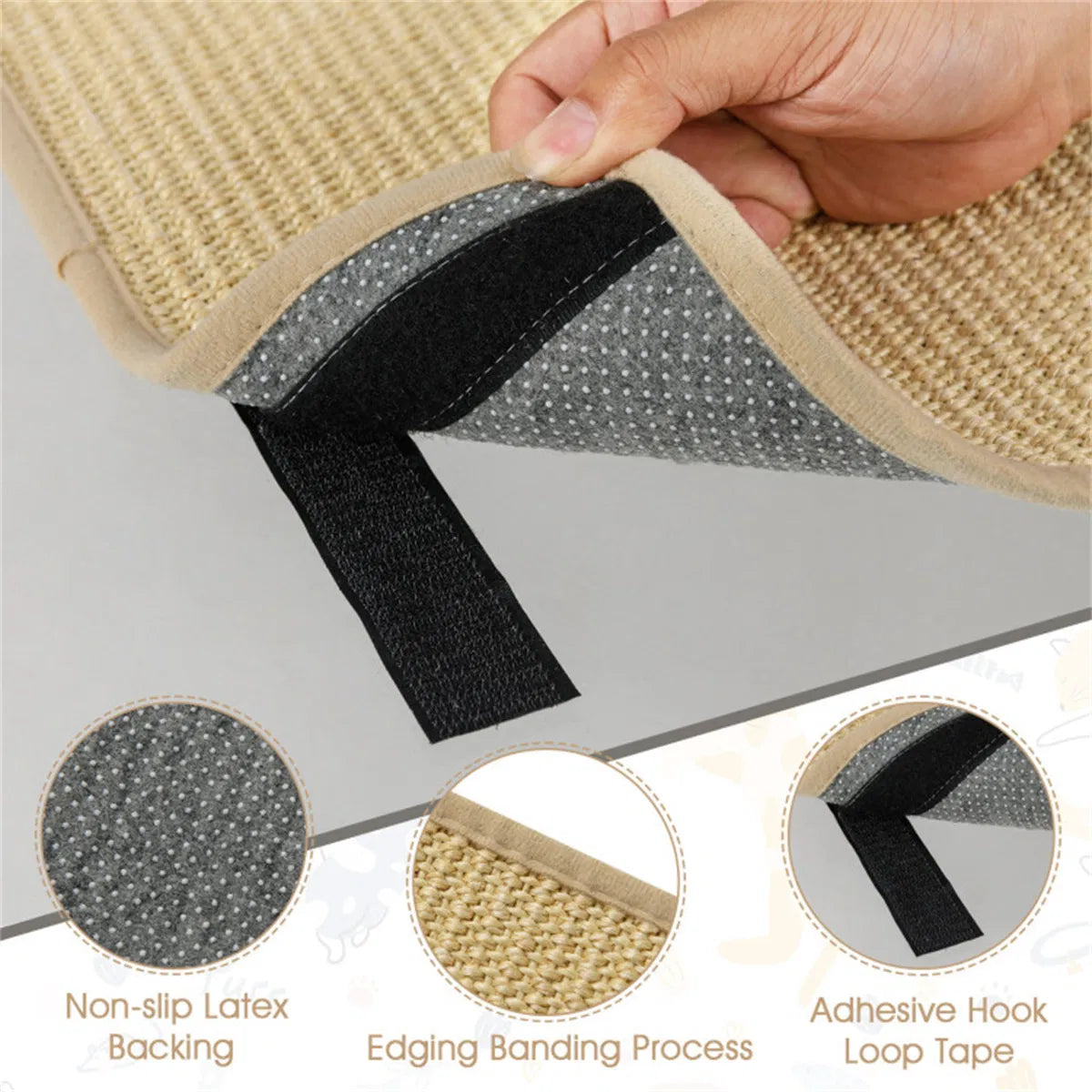 Hand peeling back a sisal scratching mat to show its adhesive hook loop tape backing