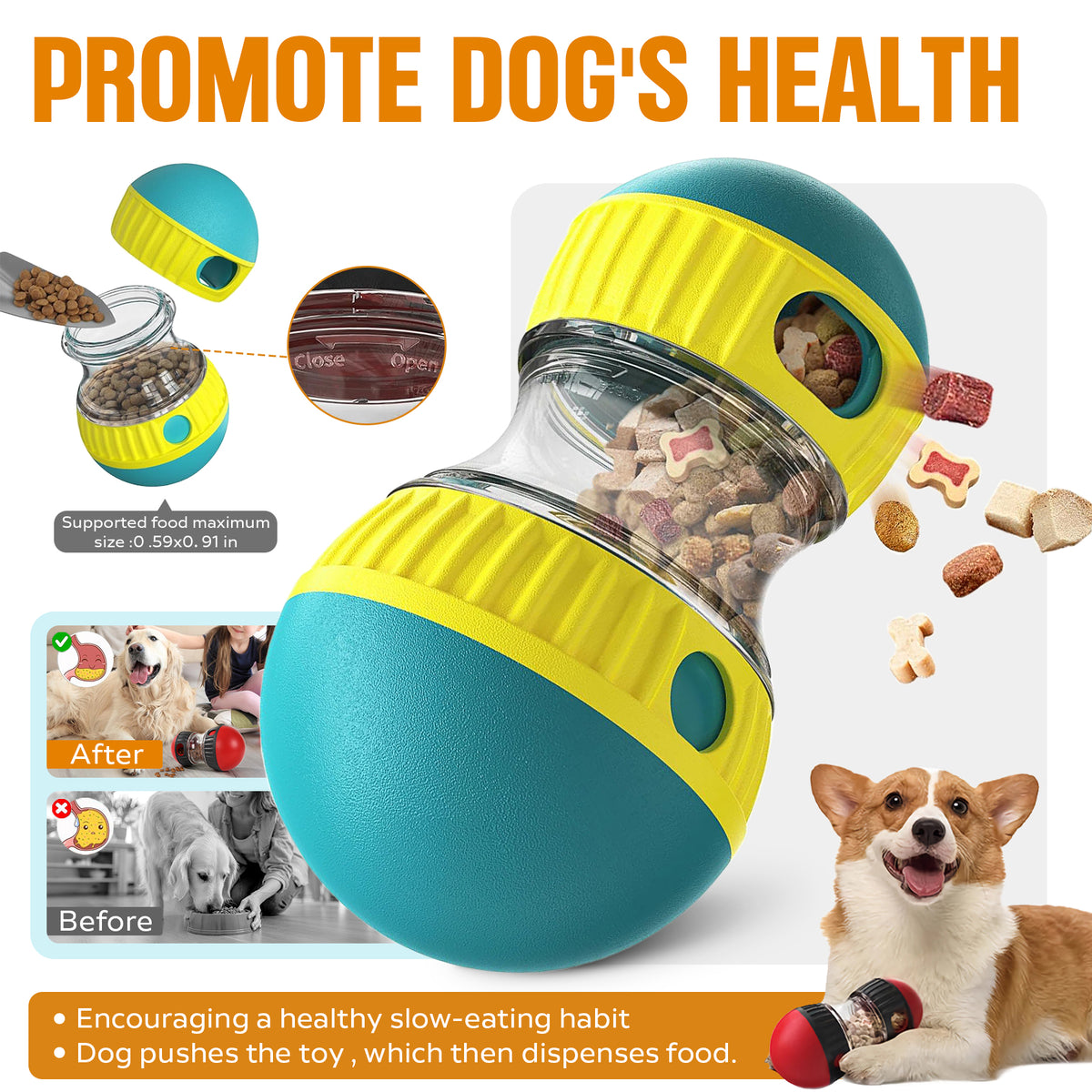 Promote Dog's Health infographic showing before and after slow-eating habits with the treat ball
