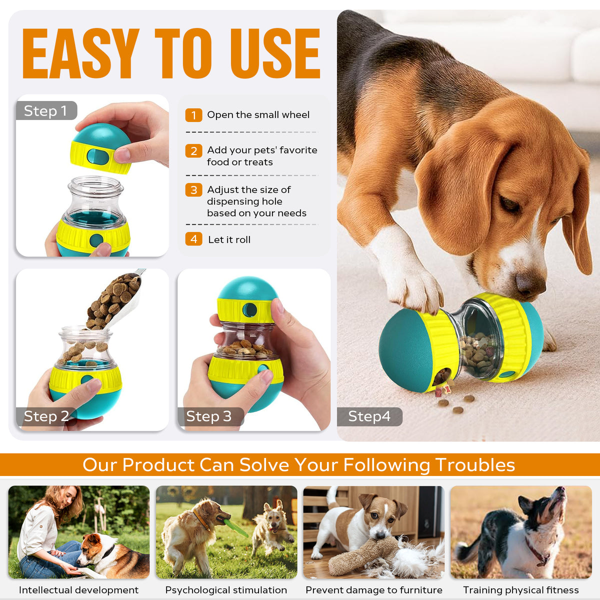 Easy to Use step-by-step infographic showing a beagle playing with the treat ball