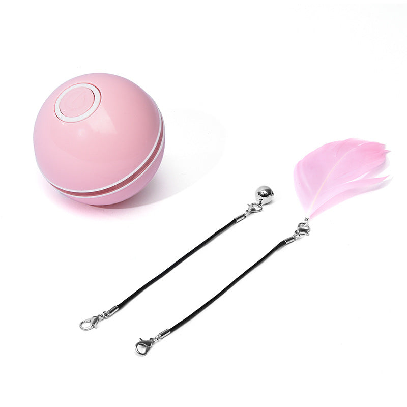 Pink LED ball toy attached to a feather wand with bell and clip