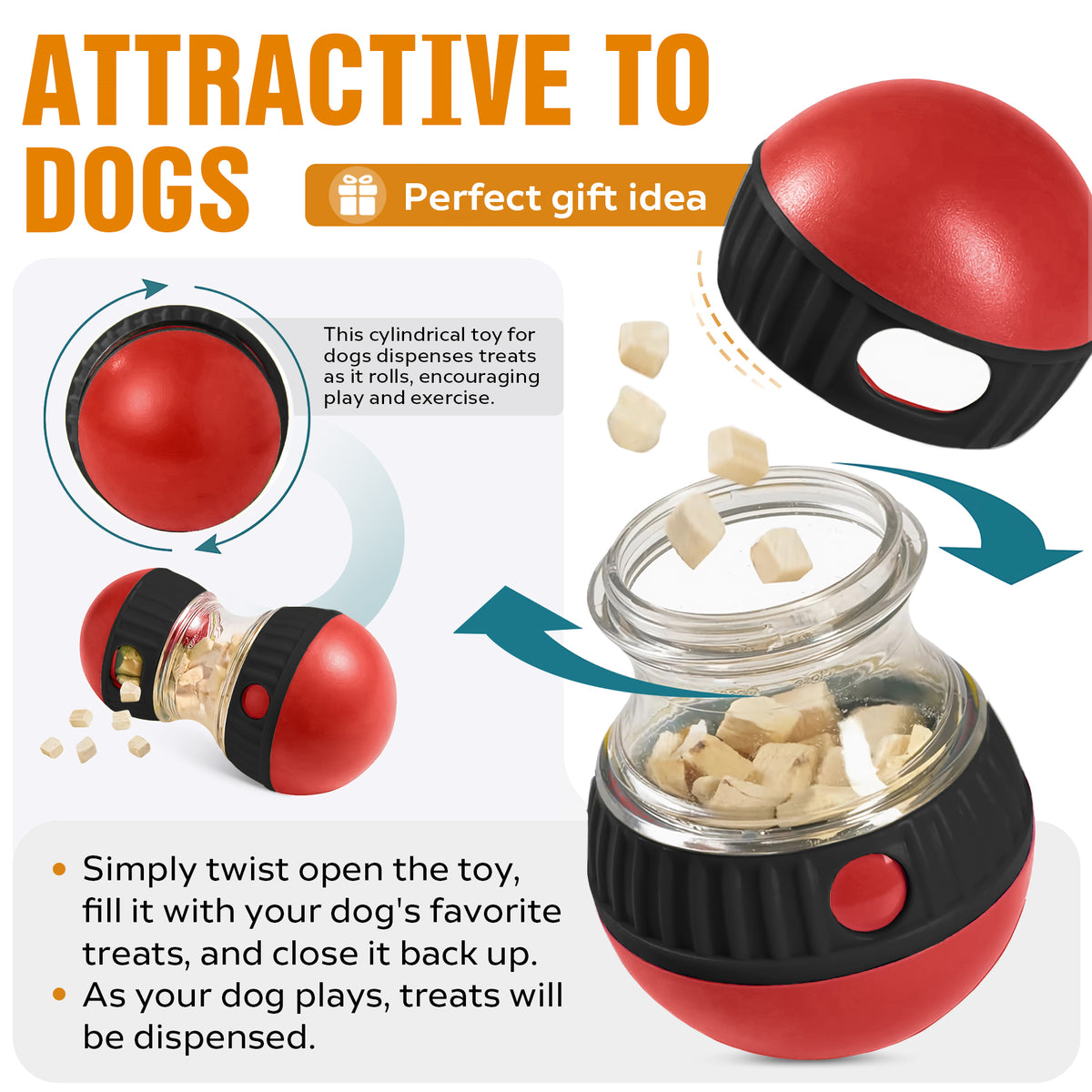 Attractive to Dogs infographic showing the treat ball twisting open to reveal treats