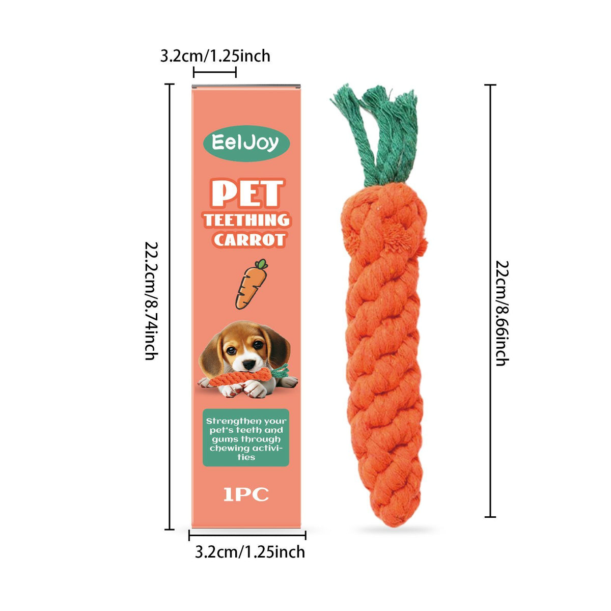 Dimension diagram of the carrot-shaped chew toy showing 22.2cm length and 3.2cm width