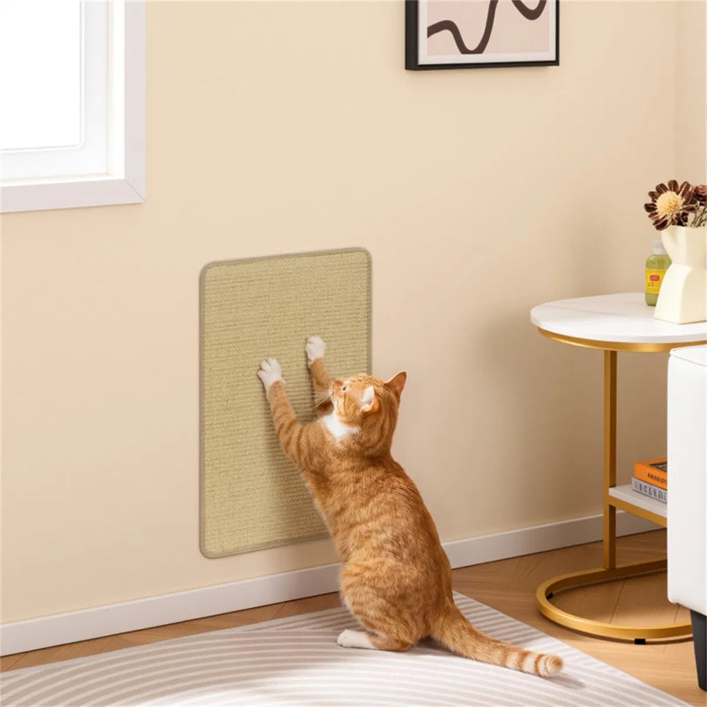 Orange cat scratching a sisal mat mounted on a living room wall