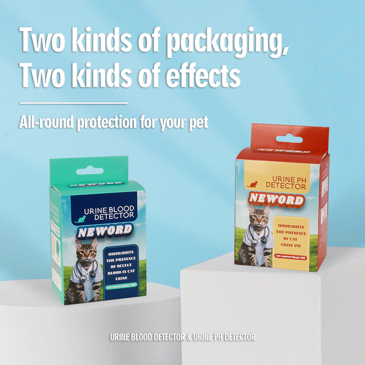 Two kinds of packaging comparison: Urine Blood Detector and Urine pH Detector boxes