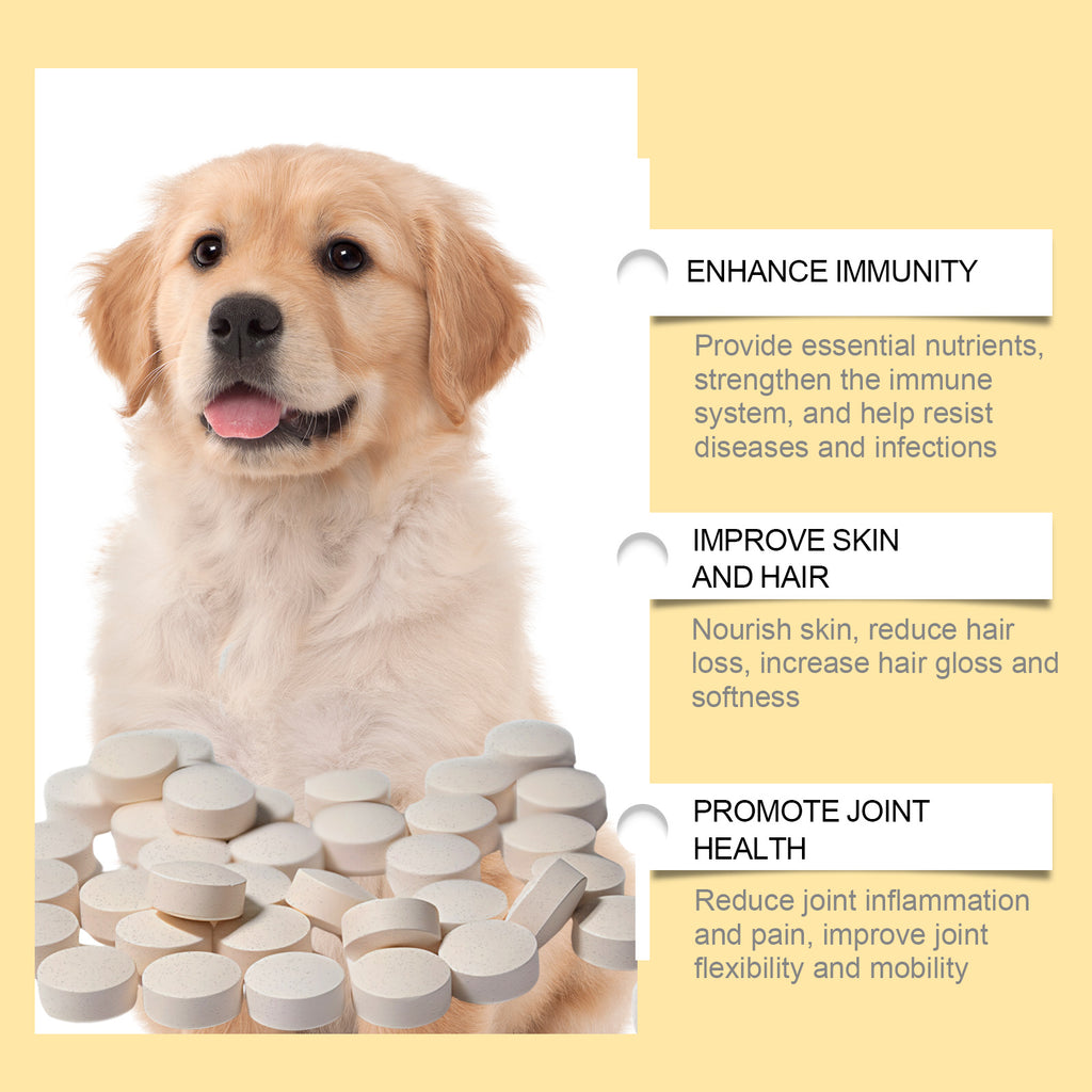 Golden retriever puppy beside a pile of fish oil tablets with immune, skin, and joint health callouts