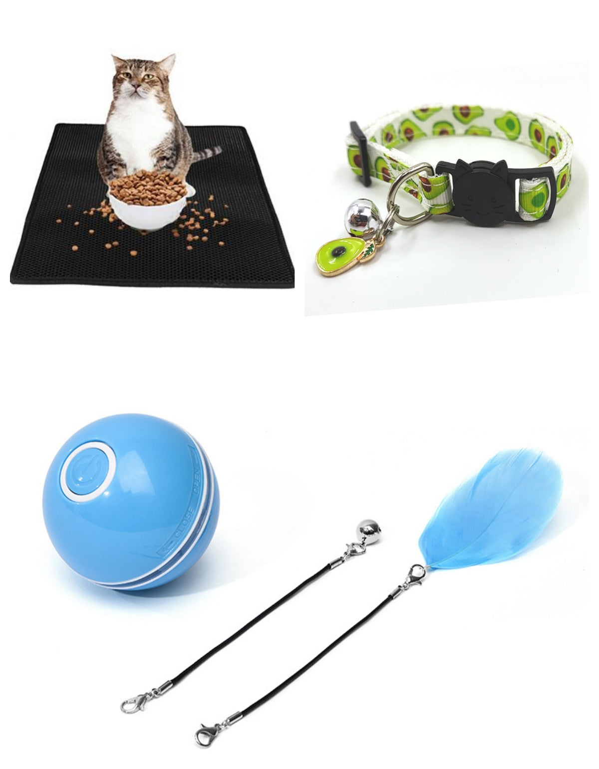 Blue LED ball toy with feather wand shown beside a cat feeding mat and a green pet collar