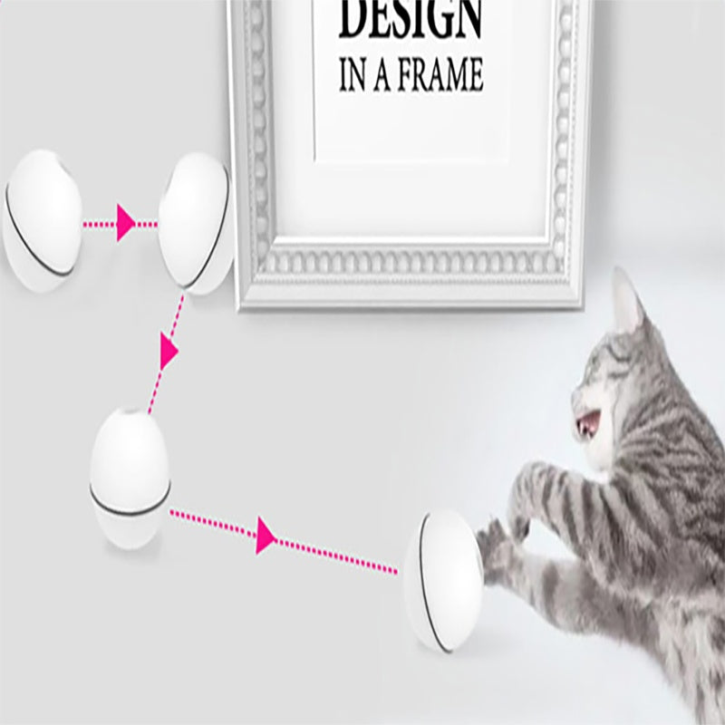 Diagram illustrating the ball toy's random directional bouncing path with a kitten playing