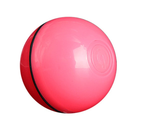 Red LED cat ball toy, close-up angled view showing the power button