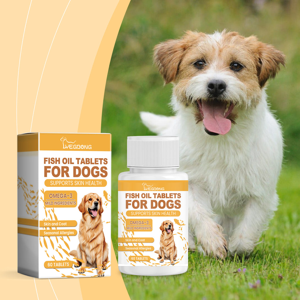 Fish oil tablets box and bottle with a terrier walking on grass