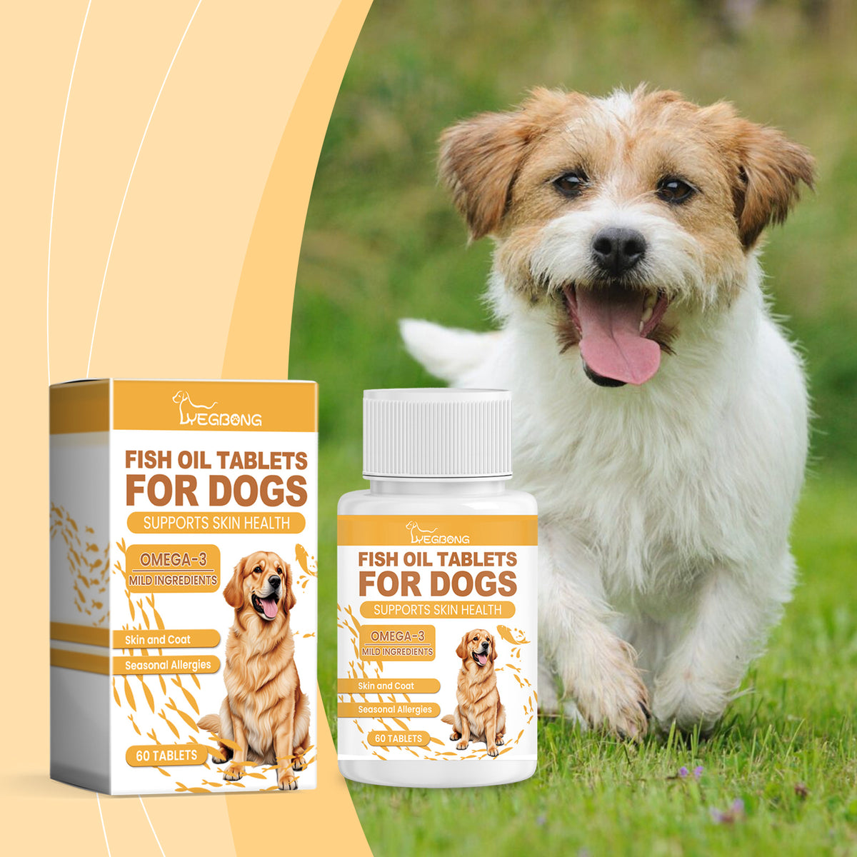 Fish oil tablets box and bottle with a terrier walking on grass