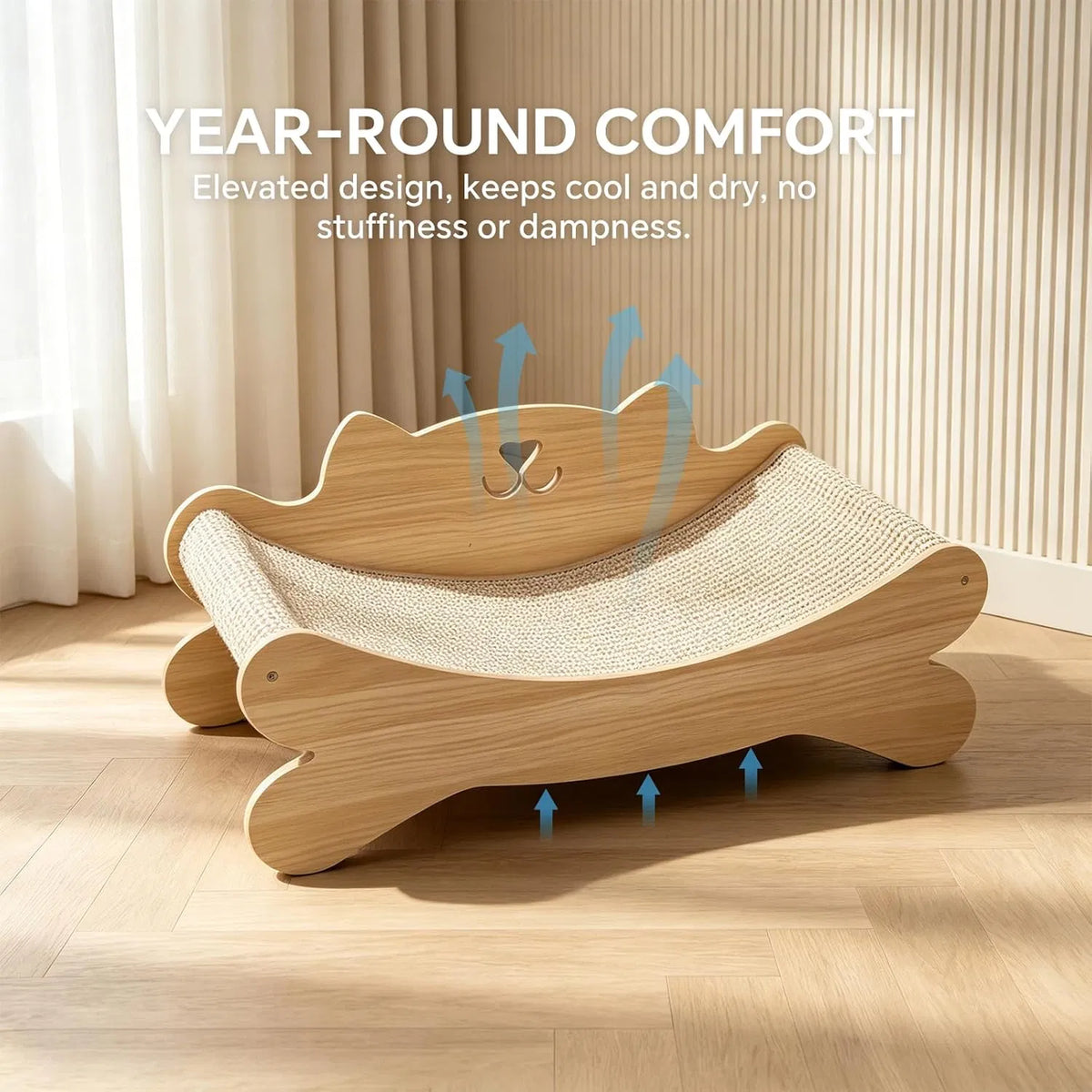 Empty wooden cat scratcher bed with airflow icons highlighting its elevated breathable design