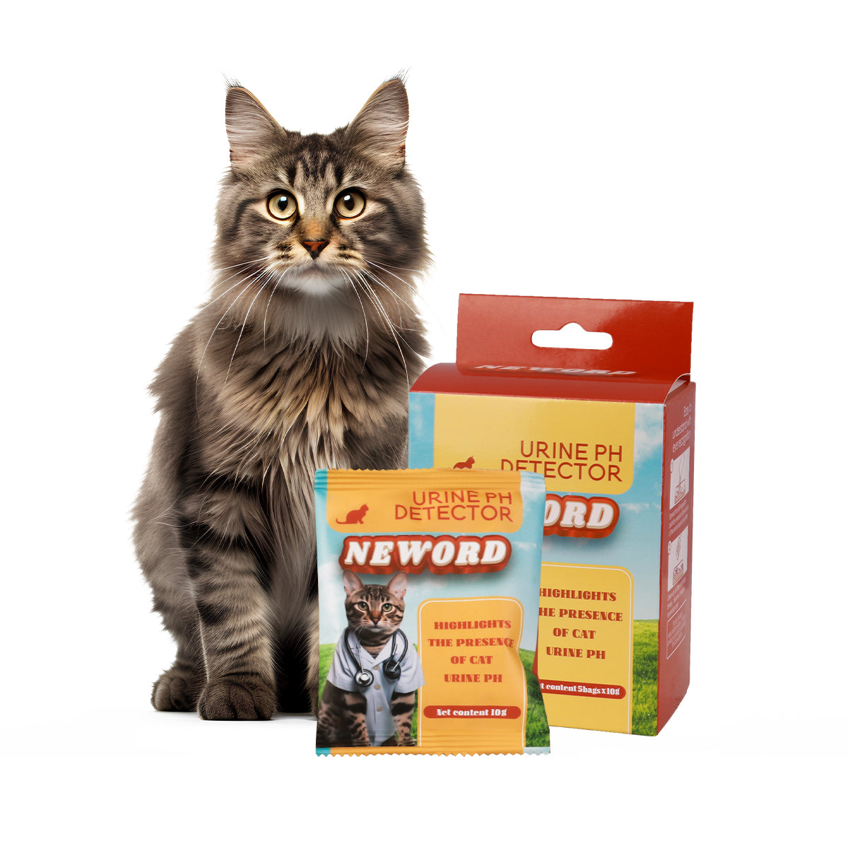 Cat sitting beside the Urine Blood Detector and Urine pH Detector product boxes