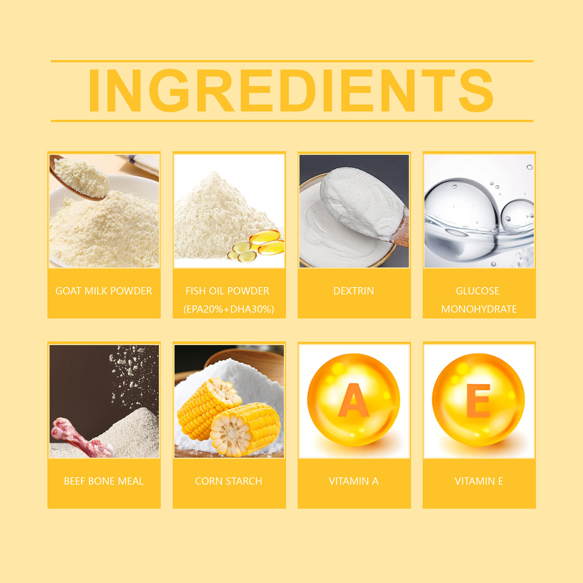 Ingredients grid showing goat milk powder, fish oil powder, chitin, beef bone meal, corn starch, vitamin A and E