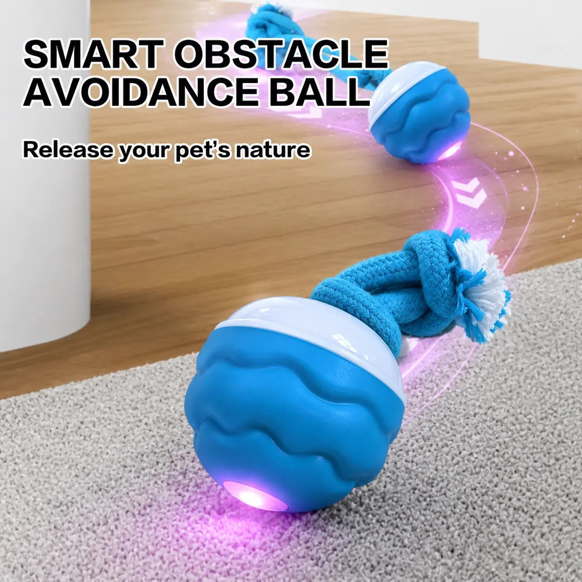 Blue LED ball toy rolling and changing direction to avoid an obstacle on carpet