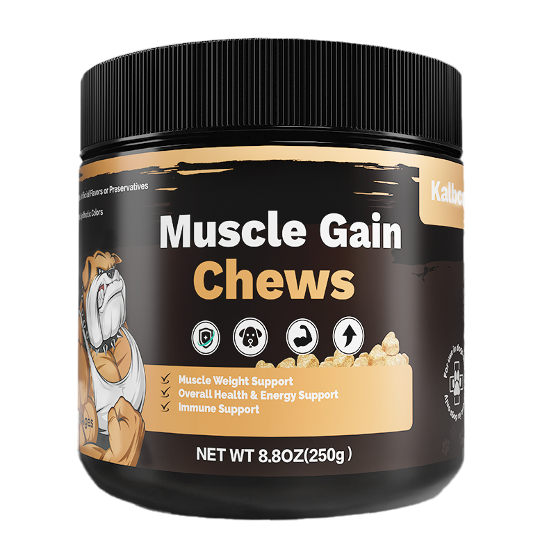 Kalbconzo Muscle Gain Chews jar with bulldog graphic, front label showing 8.8oz weight