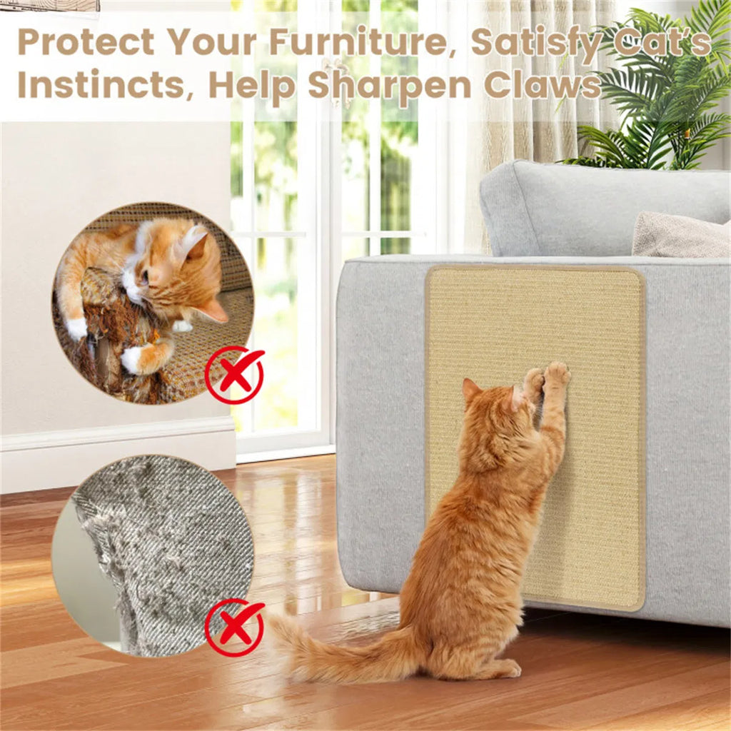 Protect Your Furniture infographic showing damaged furniture versus a cat scratching the sisal mat