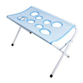 Blue folding mesh bath hammock stand for pets, side angle view