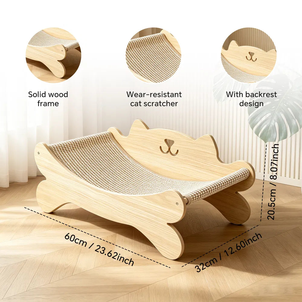 Wooden cat scratcher bed with feature icons for solid wood frame and backrest design