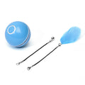 Blue LED ball toy attached to a feather wand with bell and clip