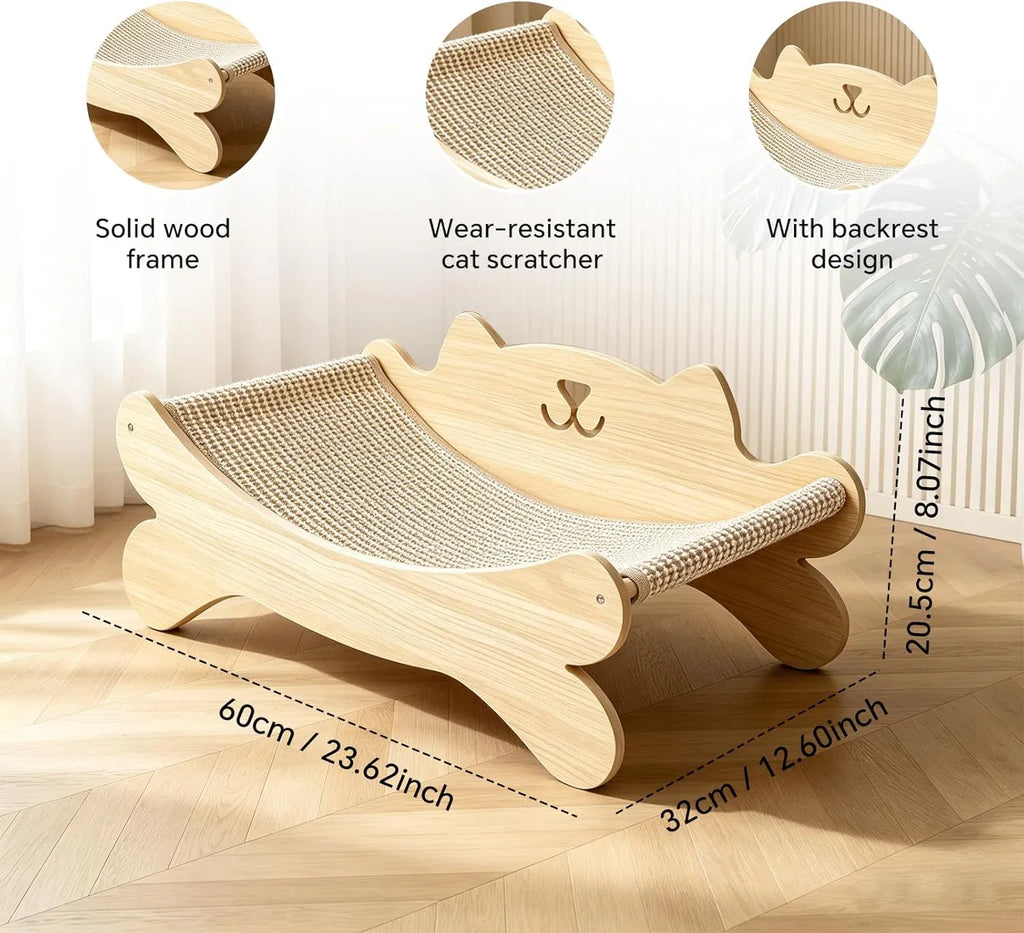 Wooden cat scratcher bed shown with dimensions labeled 60 by 32 by 20.5 centimeters