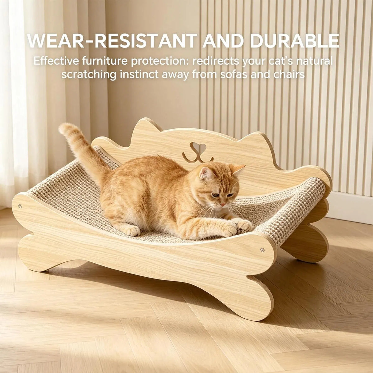 Orange tabby cat lying on the sisal-covered wooden cat scratcher bed