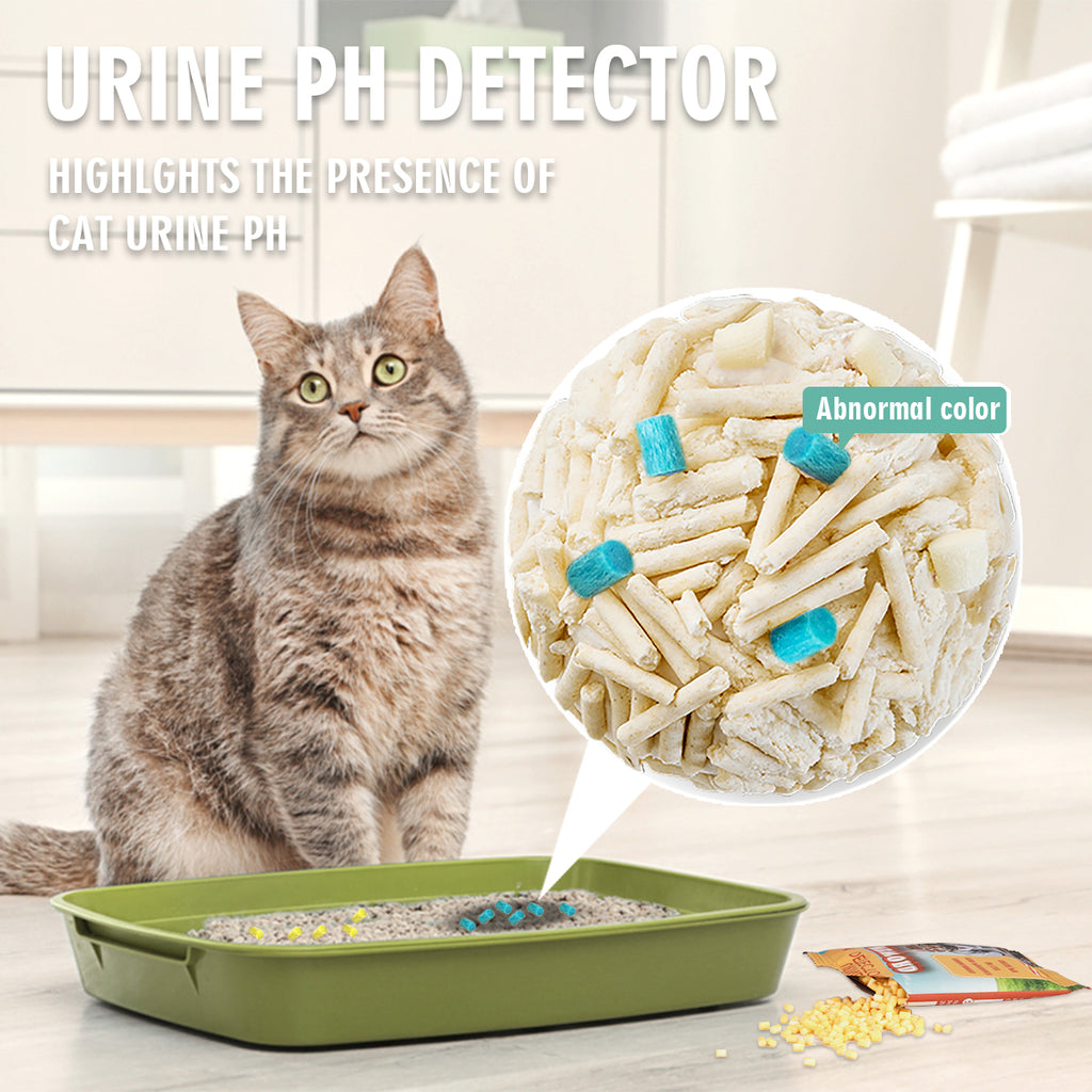 Urine pH Detector infographic showing a cat by a litter box with a close-up of color-change particles