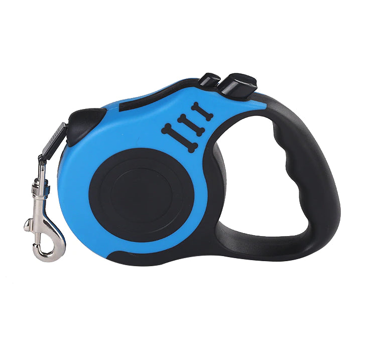 Blue automatic retractable dog leash handle on a white background