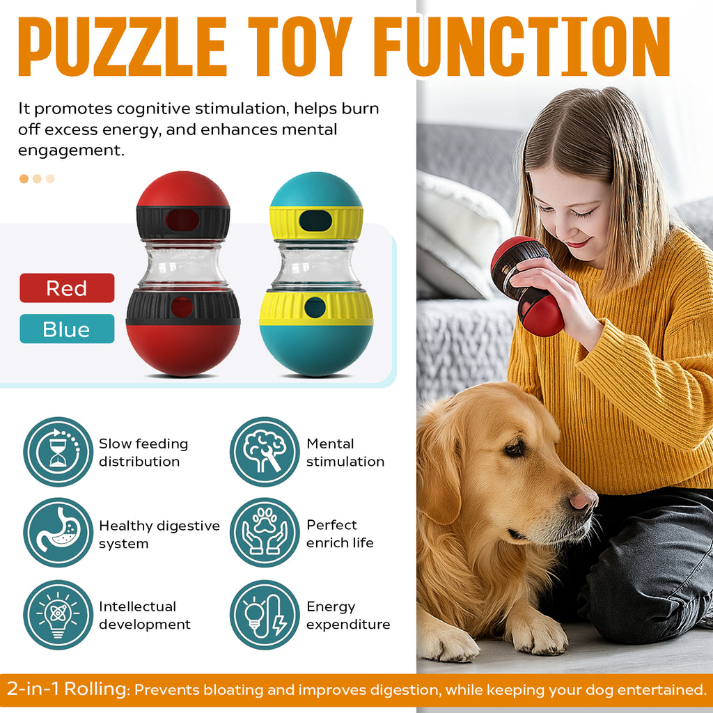 Puzzle Toy Function infographic showing a woman playing with her dog and the treat ball