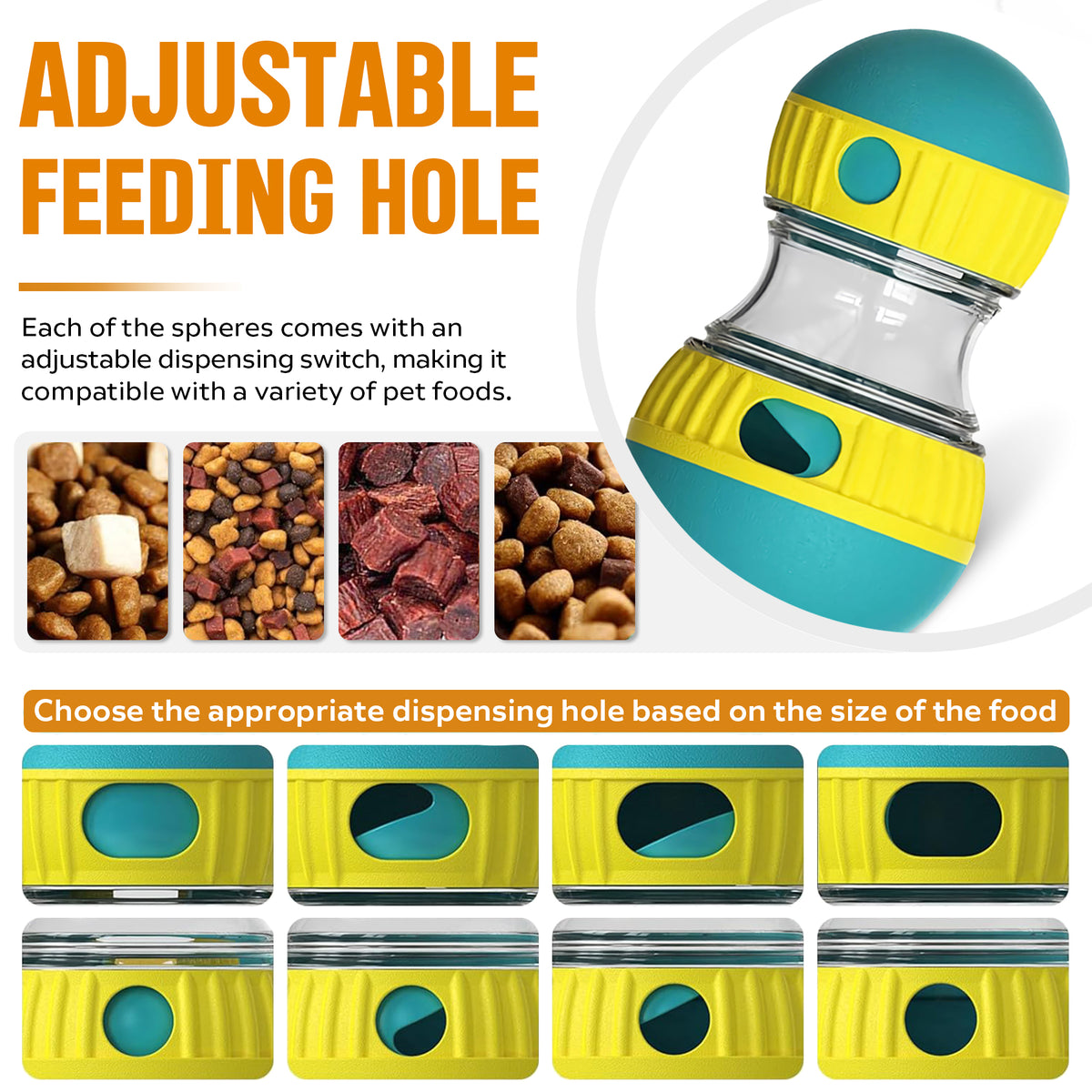 Adjustable Feeding Hole infographic showing different dispensing hole sizes for various food types