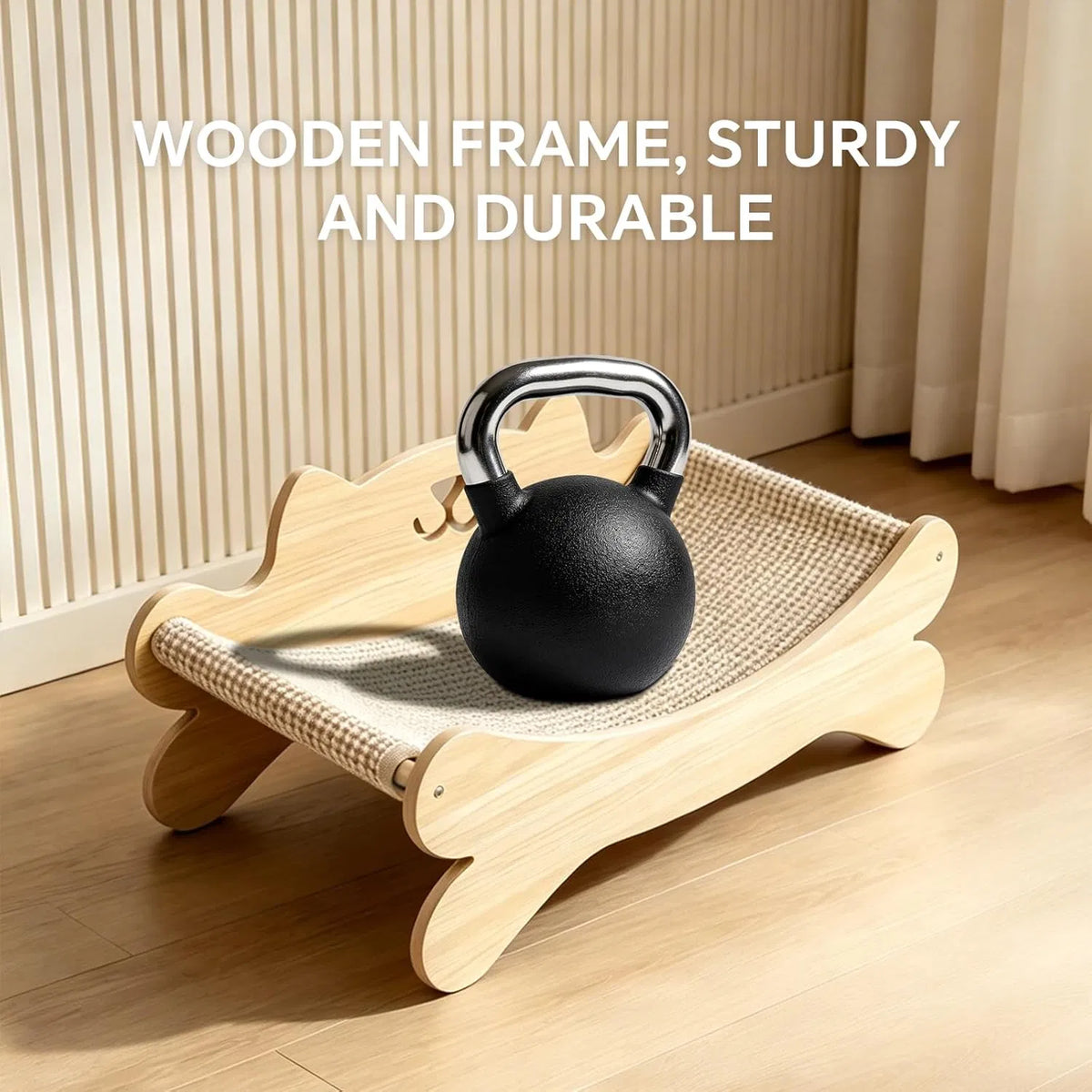 Wooden cat scratcher bed frame tested with a heavy kettlebell to show sturdiness