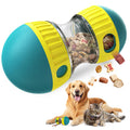 Teal and yellow dog puzzle treat ball dispensing kibble beside a golden retriever and cat