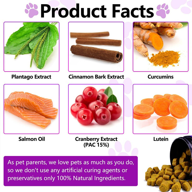 Product Facts grid showing plantago extract, cinnamon bark, curcumin, salmon oil, cranberry, and lutein ingredients