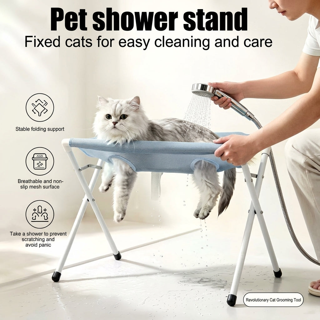 Person showering a cat secured on the blue-gray bath hammock stand
