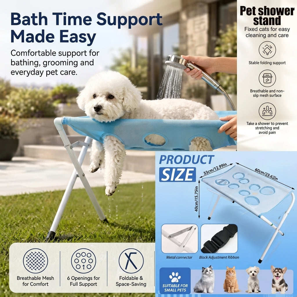 Poodle secured on the blue bath hammock stand outdoors with product dimensions and size chart shown