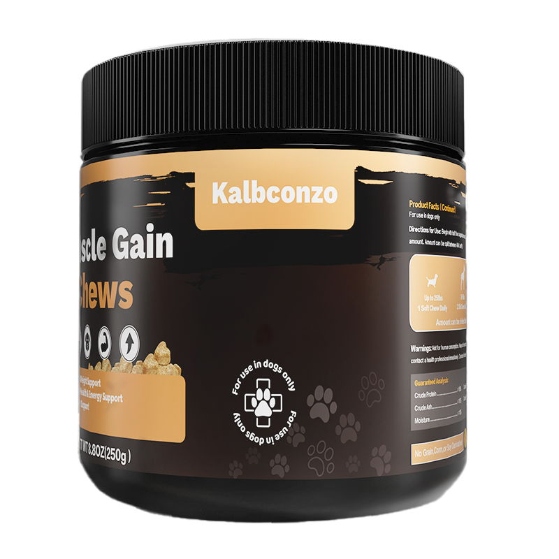 Angled view of the Muscle Gain Chews jar's front label