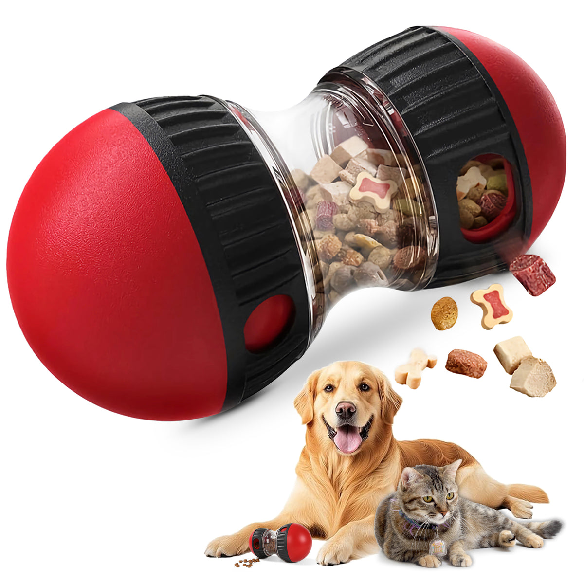 Red and black dog puzzle treat ball dispensing kibble beside a golden retriever and cat