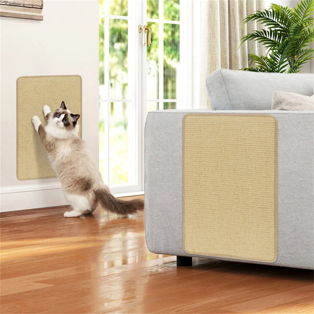 Kitten scratching a sisal mat mounted on the arm of a sofa