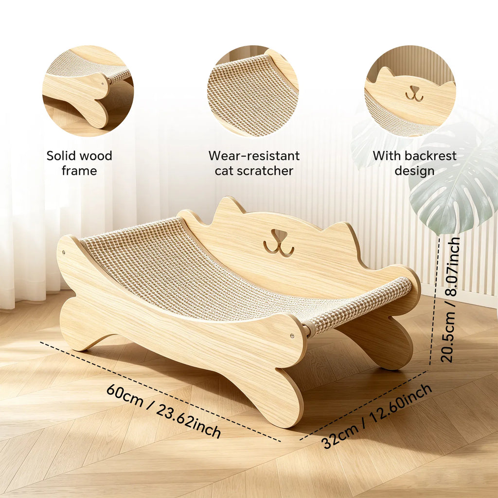 Wooden cat scratcher bed shown with dimensions labeled 60 by 32 by 20.5 centimeters