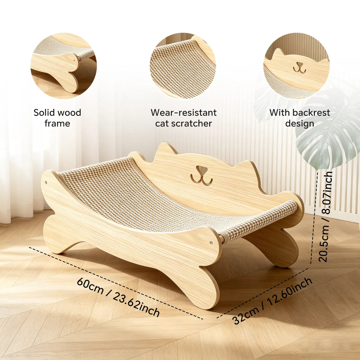 Wooden cat scratcher bed shown with dimensions labeled 60 by 32 by 20.5 centimeters